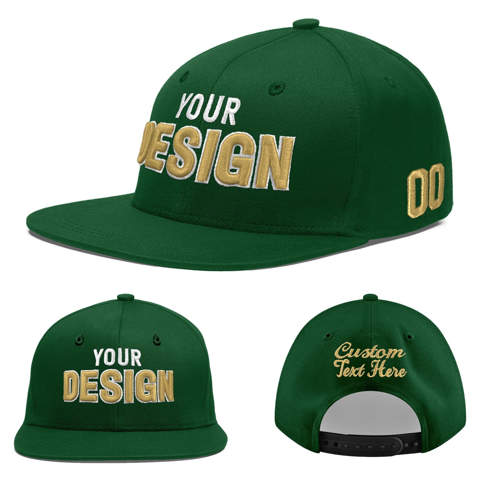 Custom Green 3D Puff Embroidery Flat Embroidery Casual Sport Baseball Cap