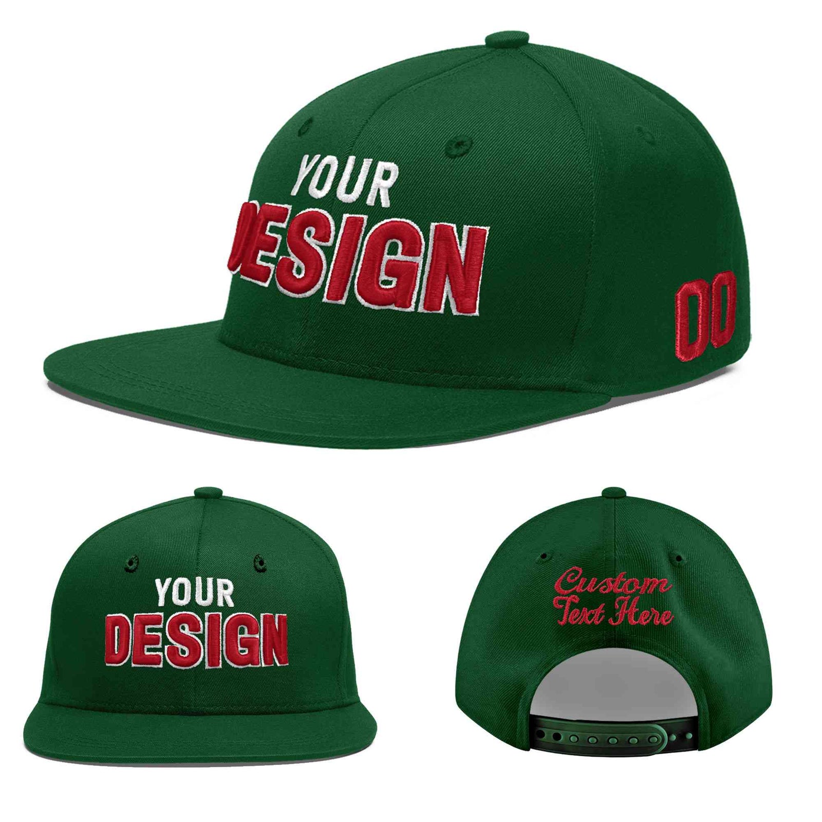 Custom Green 3D Puff Embroidery Flat Embroidery Casual Sport Baseball Cap