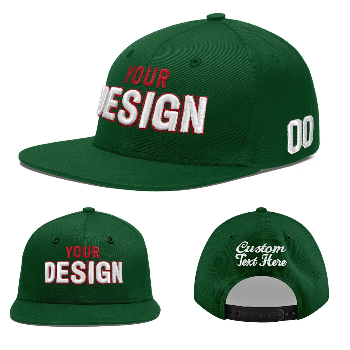 Custom Green 3D Puff Embroidery Flat Embroidery Casual Sport Baseball Cap
