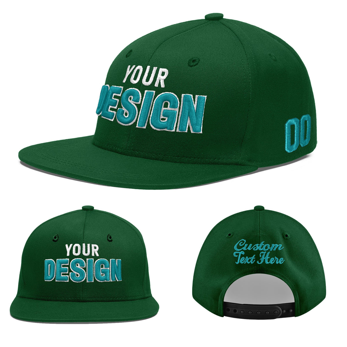 Custom Green 3D Puff Embroidery Flat Embroidery Casual Sport Baseball Cap