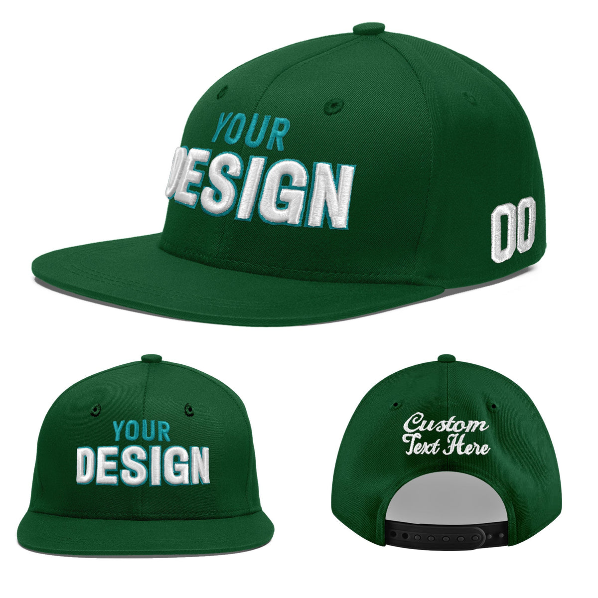 Custom Green 3D Puff Embroidery Flat Embroidery Casual Sport Baseball Cap
