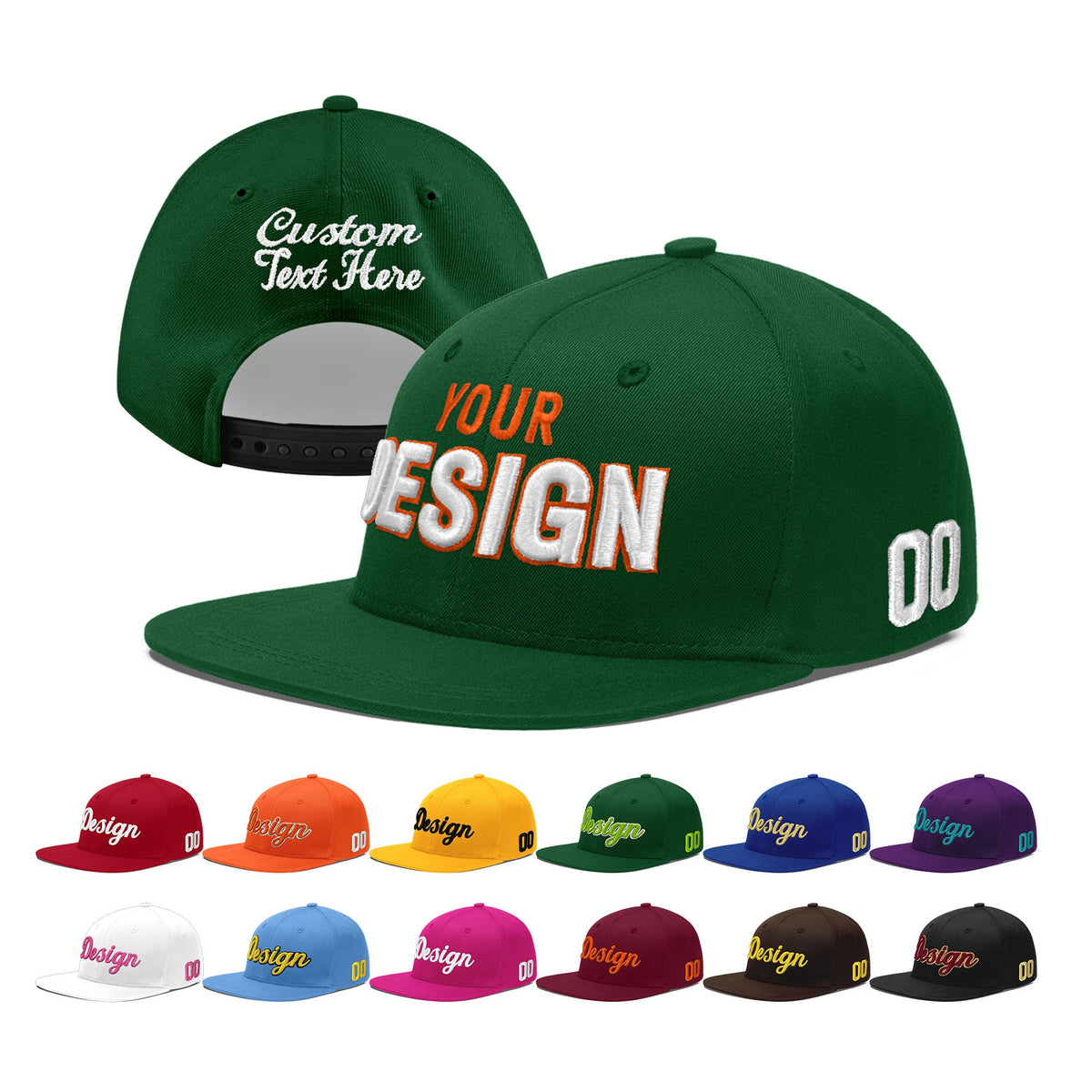Custom Green 3D Puff Embroidery Flat Embroidery Casual Sport Baseball Cap