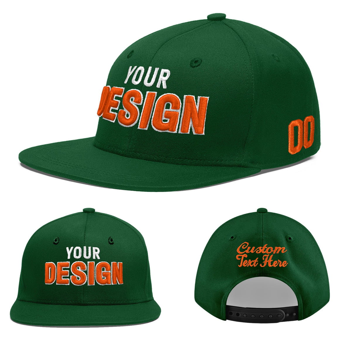 Custom Green 3D Puff Embroidery Flat Embroidery Casual Sport Baseball Cap