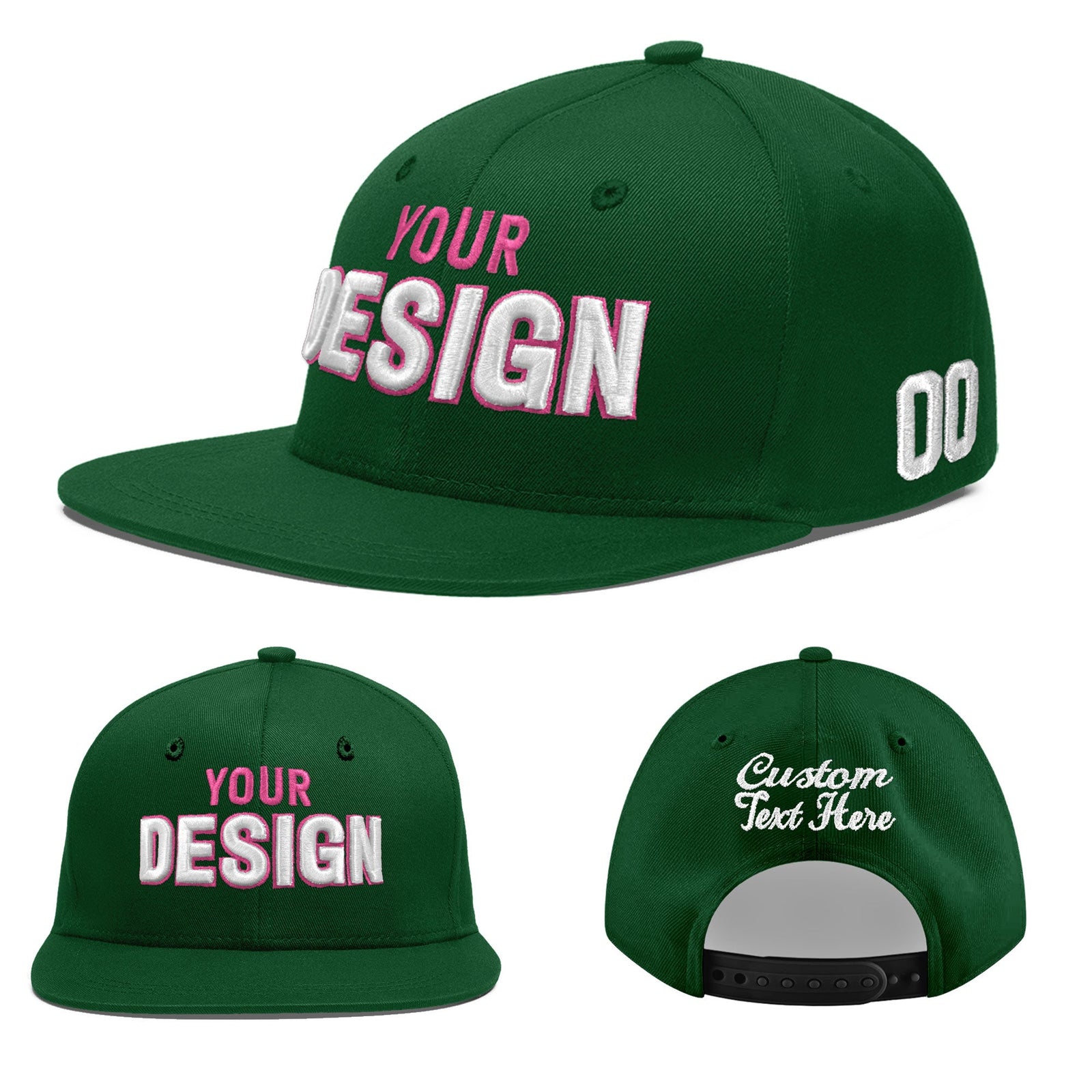 Custom Green 3D Puff Embroidery Flat Embroidery Casual Sport Baseball Cap