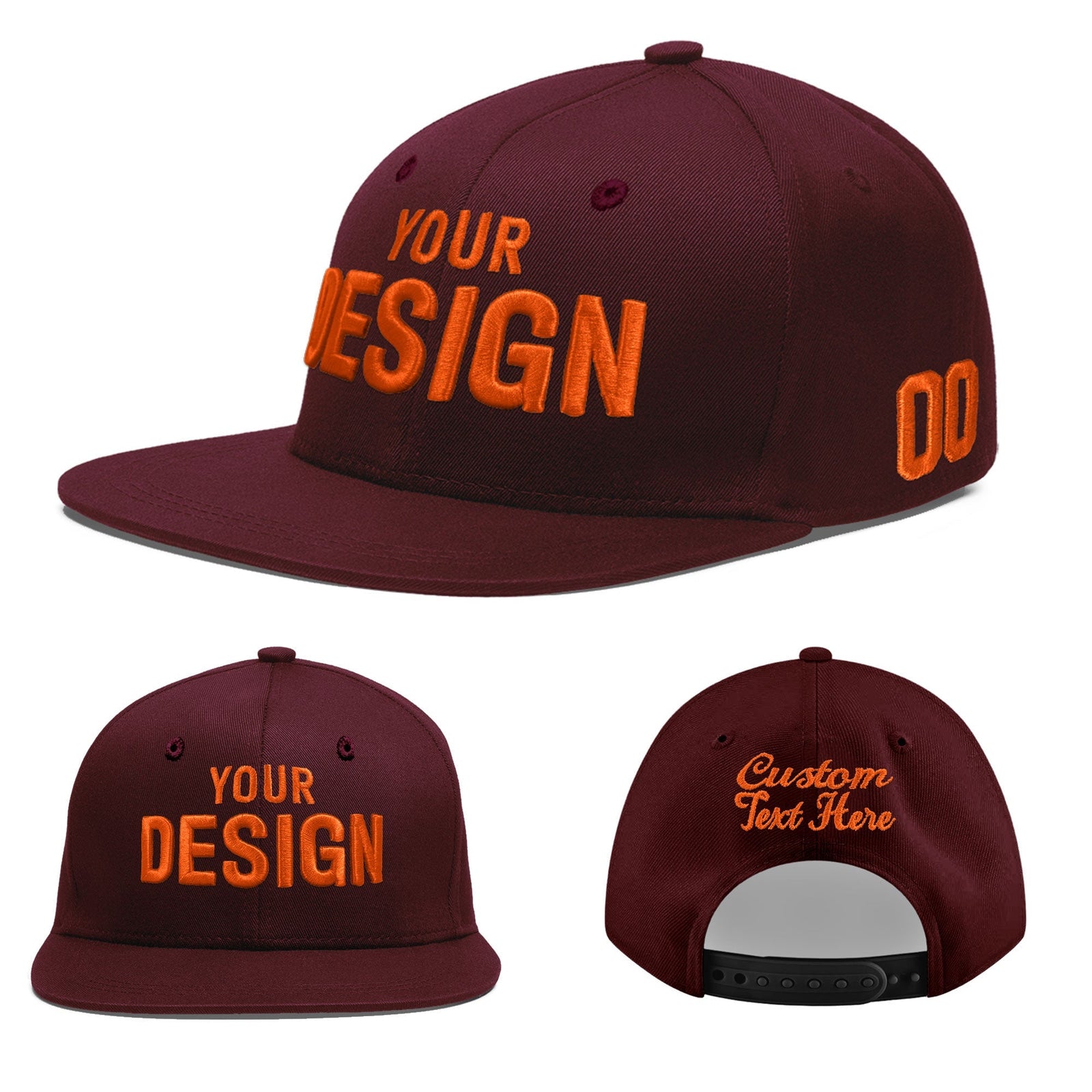 Custom Burgundy 3D Puff Embroidery Flat Embroidery Casual Sport Baseball Cap