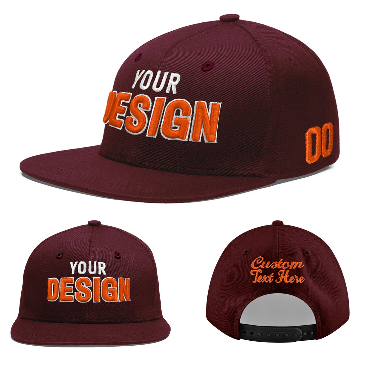 Custom Burgundy 3D Puff Embroidery Flat Embroidery Casual Sport Baseball Cap
