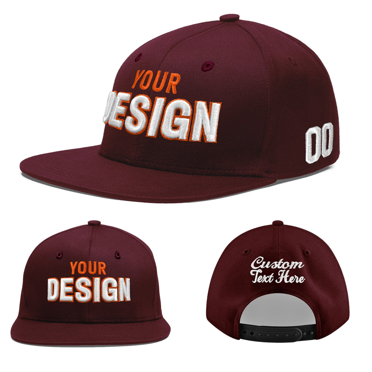 Custom Burgundy 3D Puff Embroidery Flat Embroidery Casual Sport Baseball Cap