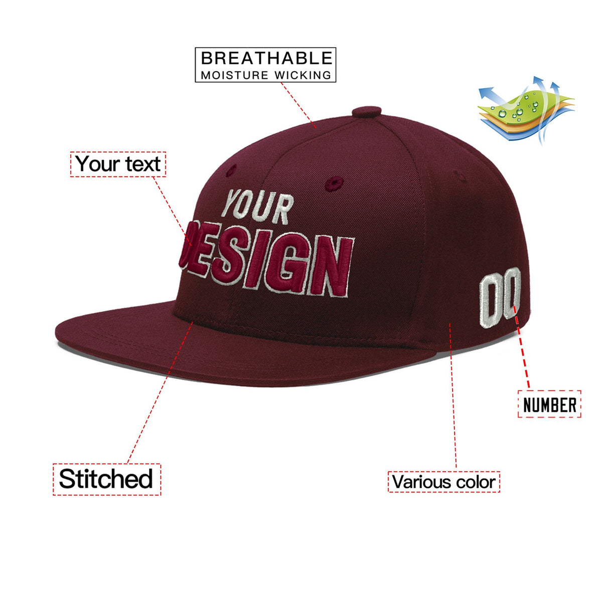 Custom Burgundy 3D Puff Embroidery Flat Embroidery Casual Sport Baseball Cap