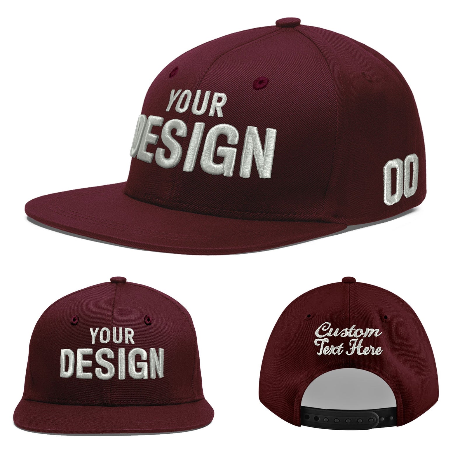 Custom Burgundy 3D Puff Embroidery Flat Embroidery Casual Sport Baseball Cap