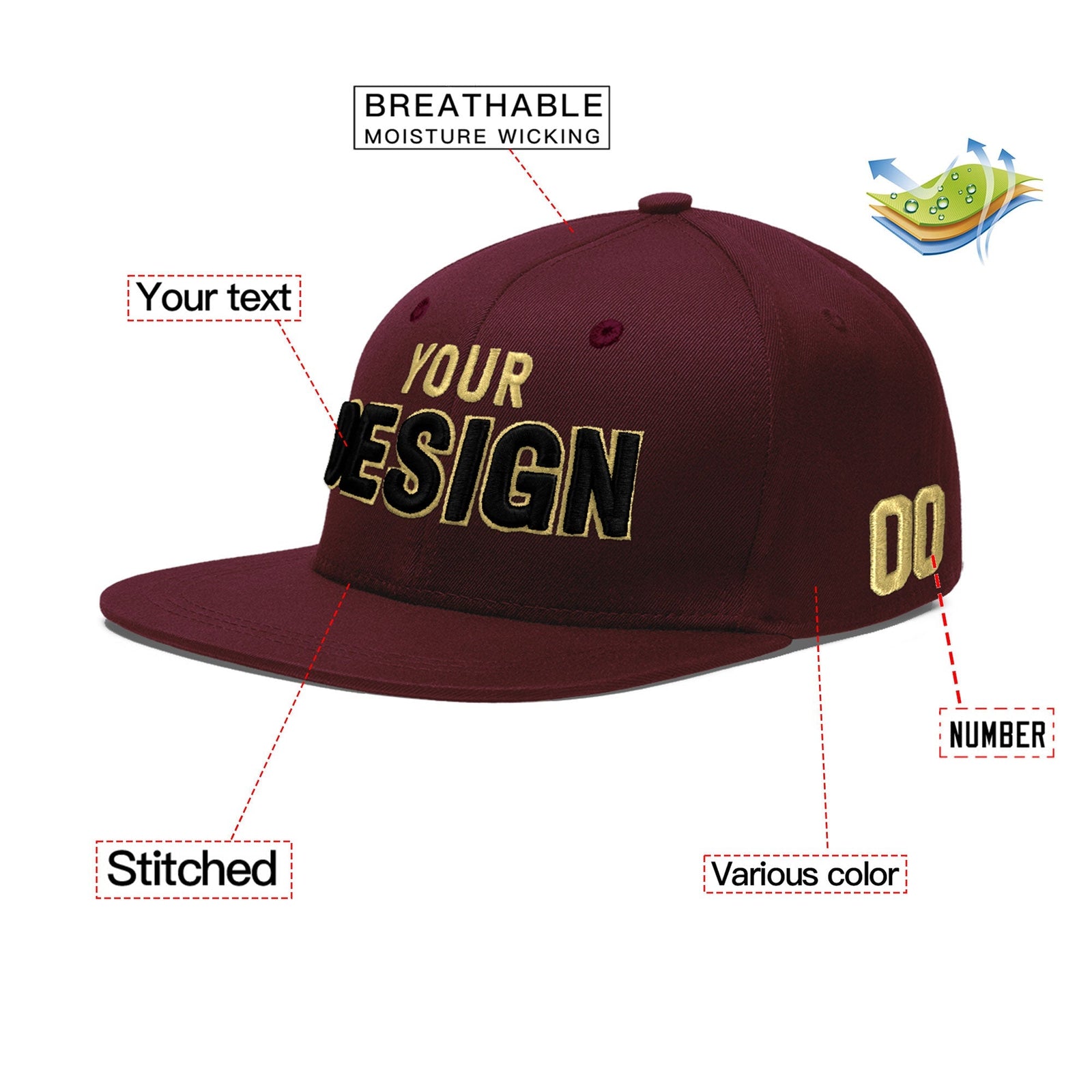 Custom Burgundy 3D Puff Embroidery Flat Embroidery Casual Sport Baseball Cap