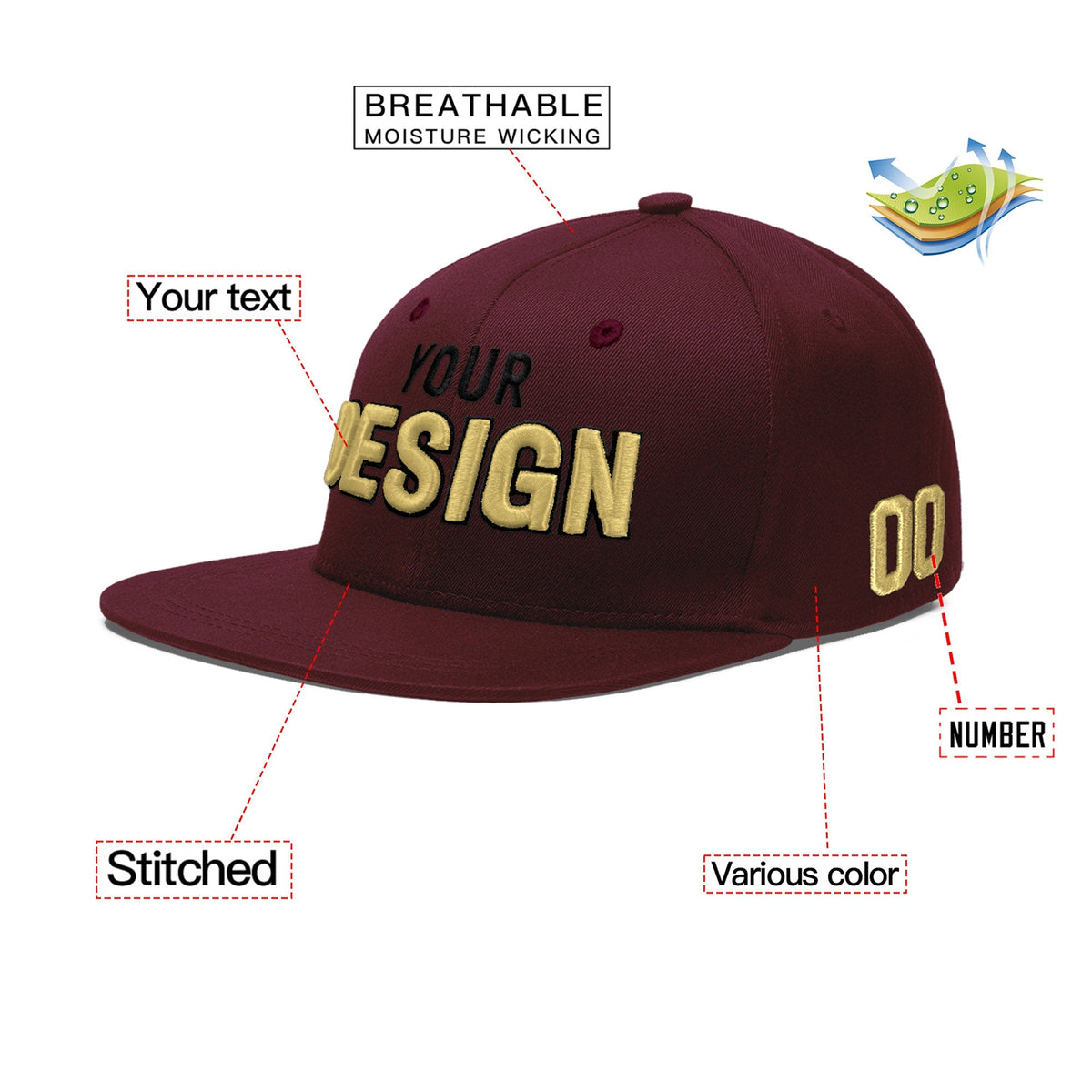 Custom Burgundy 3D Puff Embroidery Flat Embroidery Casual Sport Baseball Cap