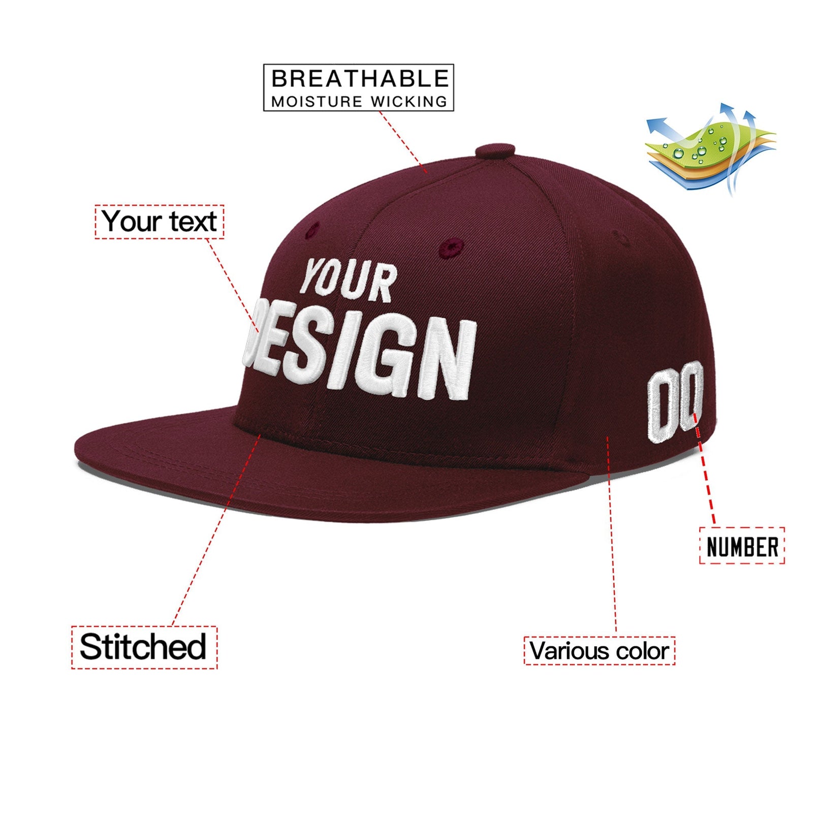 Custom Burgundy 3D Puff Embroidery Flat Embroidery Casual Sport Baseball Cap