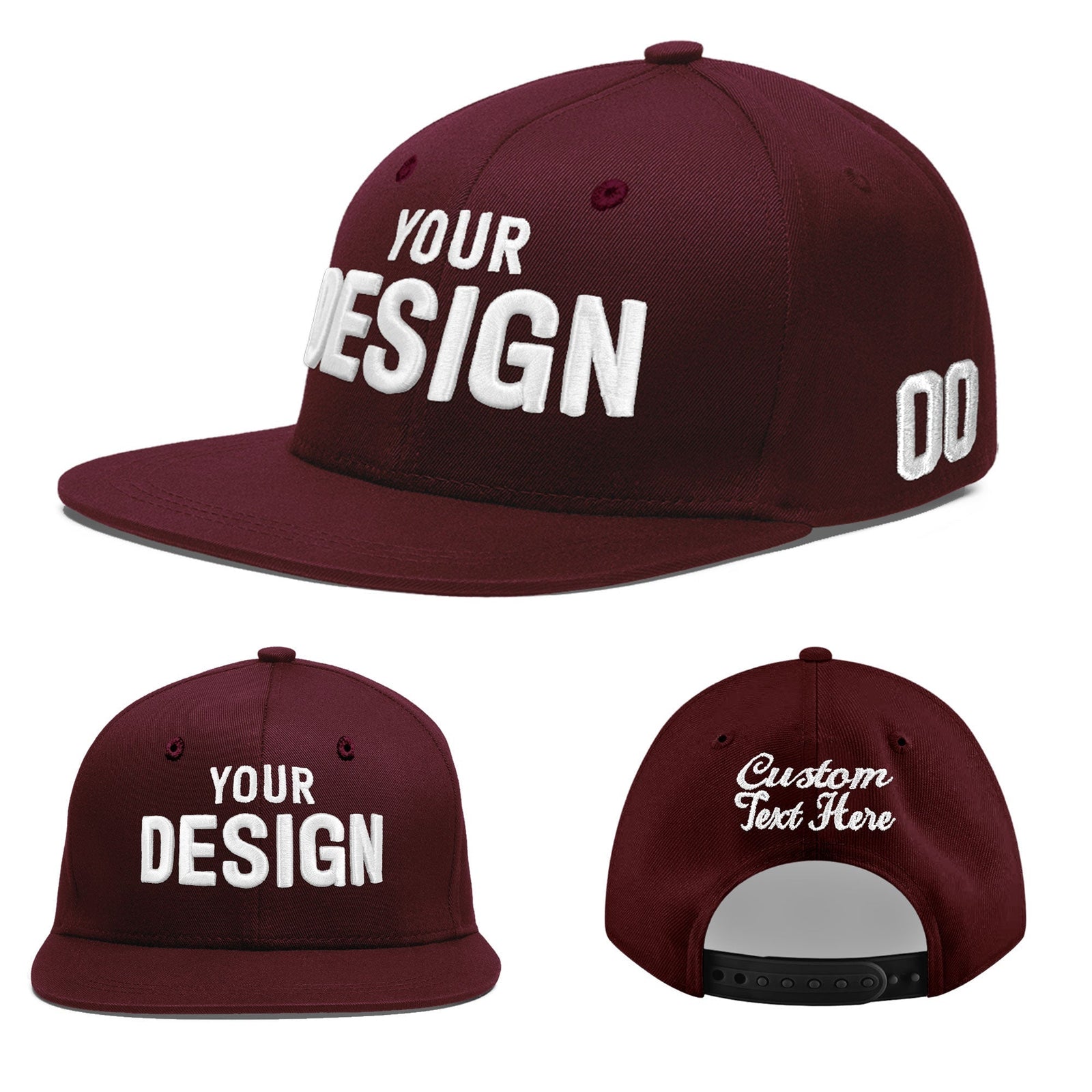 Custom Burgundy 3D Puff Embroidery Flat Embroidery Casual Sport Baseball Cap