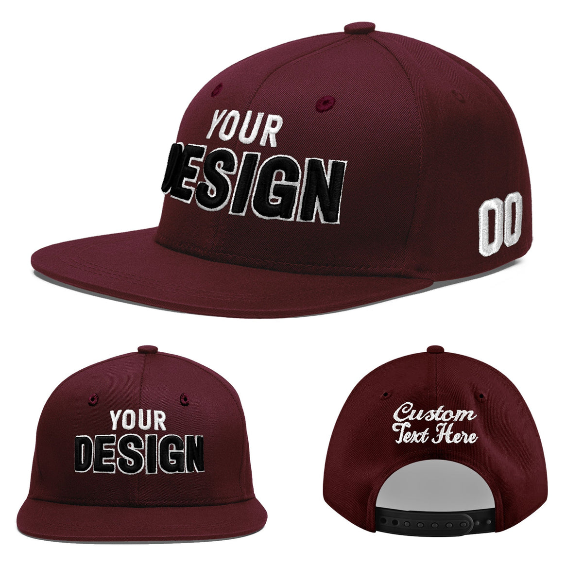 Custom Burgundy 3D Puff Embroidery Flat Embroidery Casual Sport Baseball Cap
