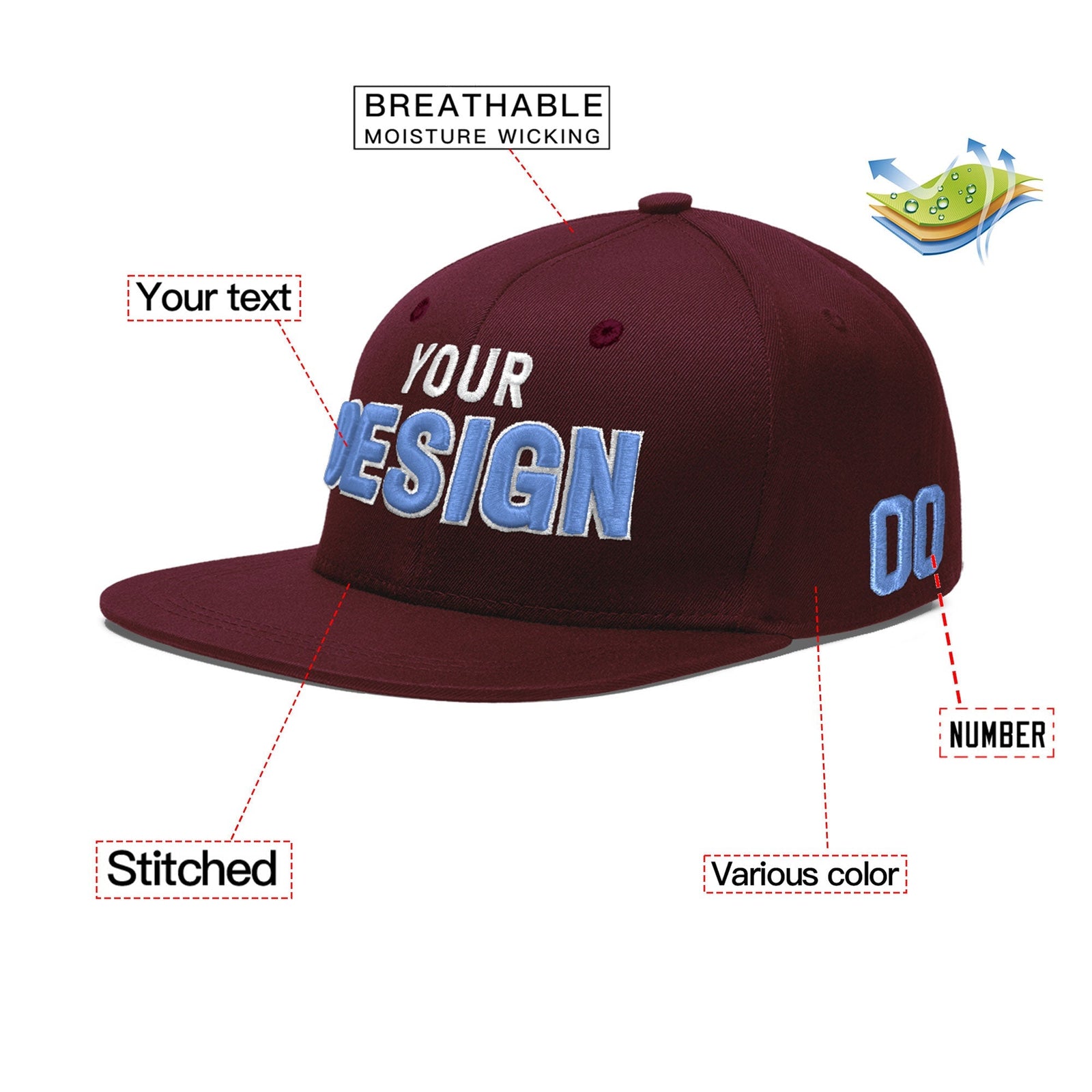 Custom Burgundy 3D Puff Embroidery Flat Embroidery Casual Sport Baseball Cap