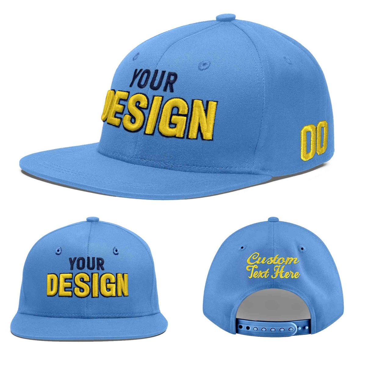 Custom Light Blue 3D Puff Embroidery Flat Embroidery Casual Sport Baseball Cap