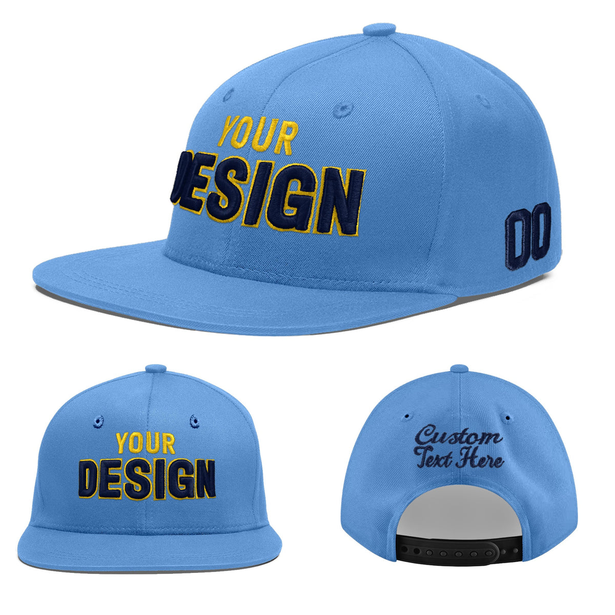 Custom Powder Blue 3D Puff Embroidery Flat Embroidery Casual Sport Baseball Cap