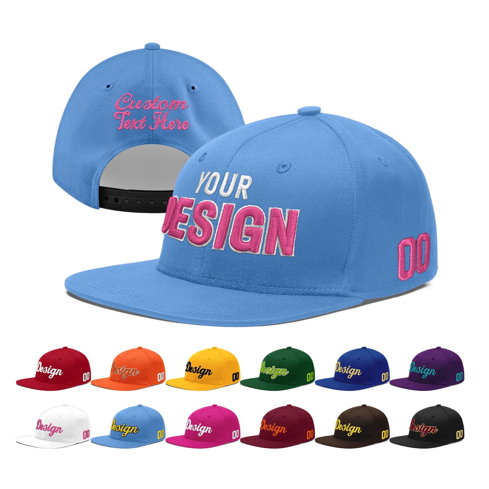 Custom Powder Blue 3D Puff Embroidery Flat Embroidery Casual Sport Baseball Cap