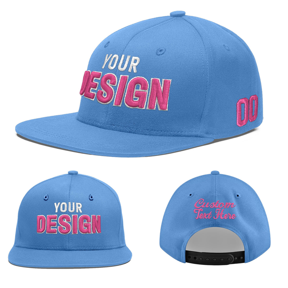 Custom Powder Blue 3D Puff Embroidery Flat Embroidery Casual Sport Baseball Cap