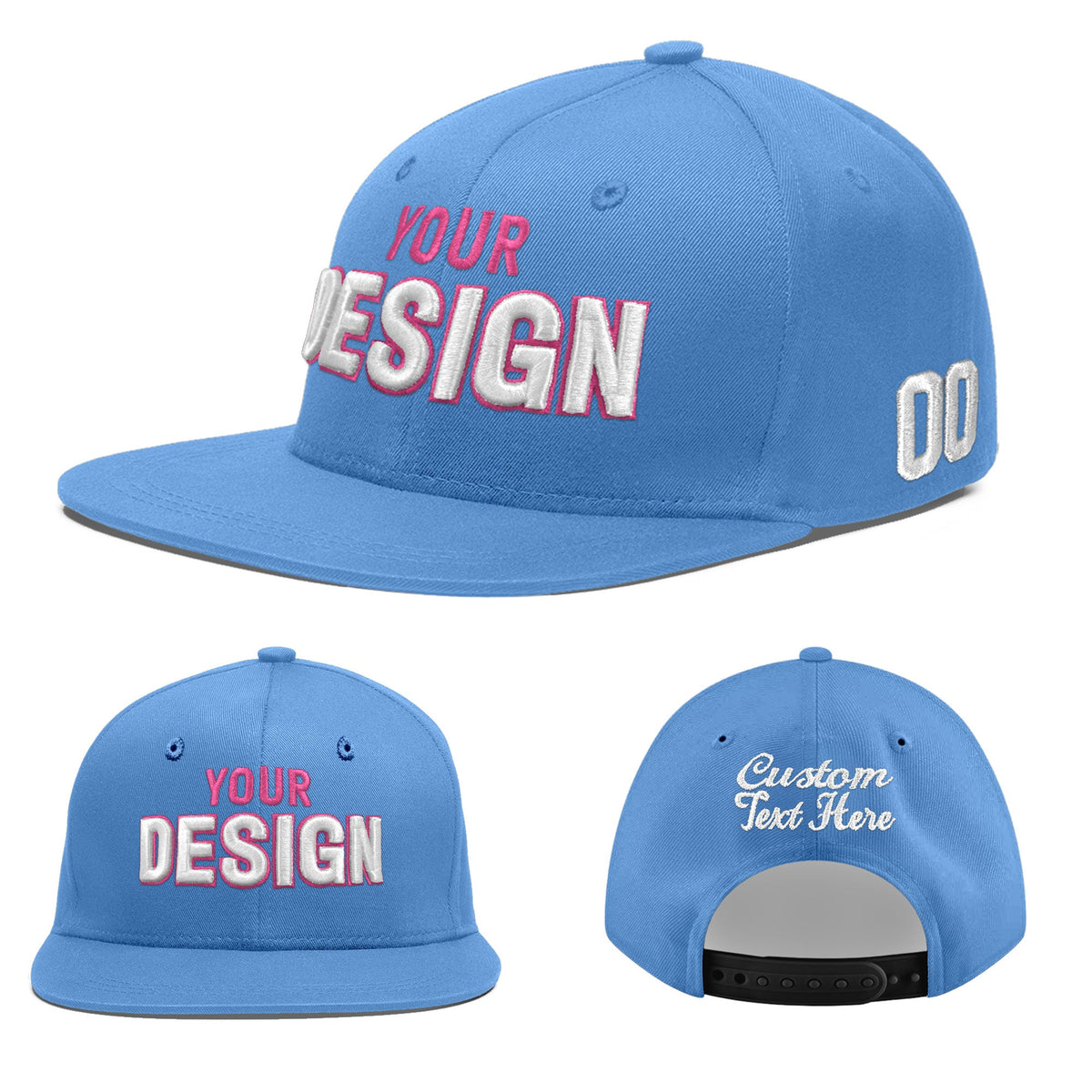 Custom Powder Blue 3D Puff Embroidery Flat Embroidery Casual Sport Baseball Cap