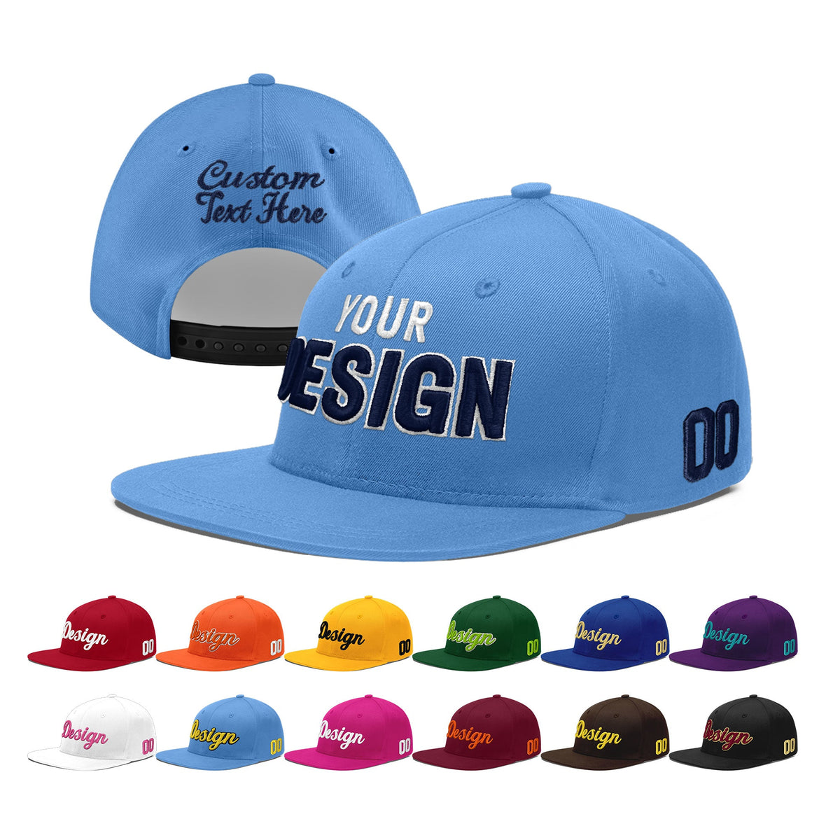 Custom Powder Blue 3D Puff Embroidery Flat Embroidery Casual Sport Baseball Cap