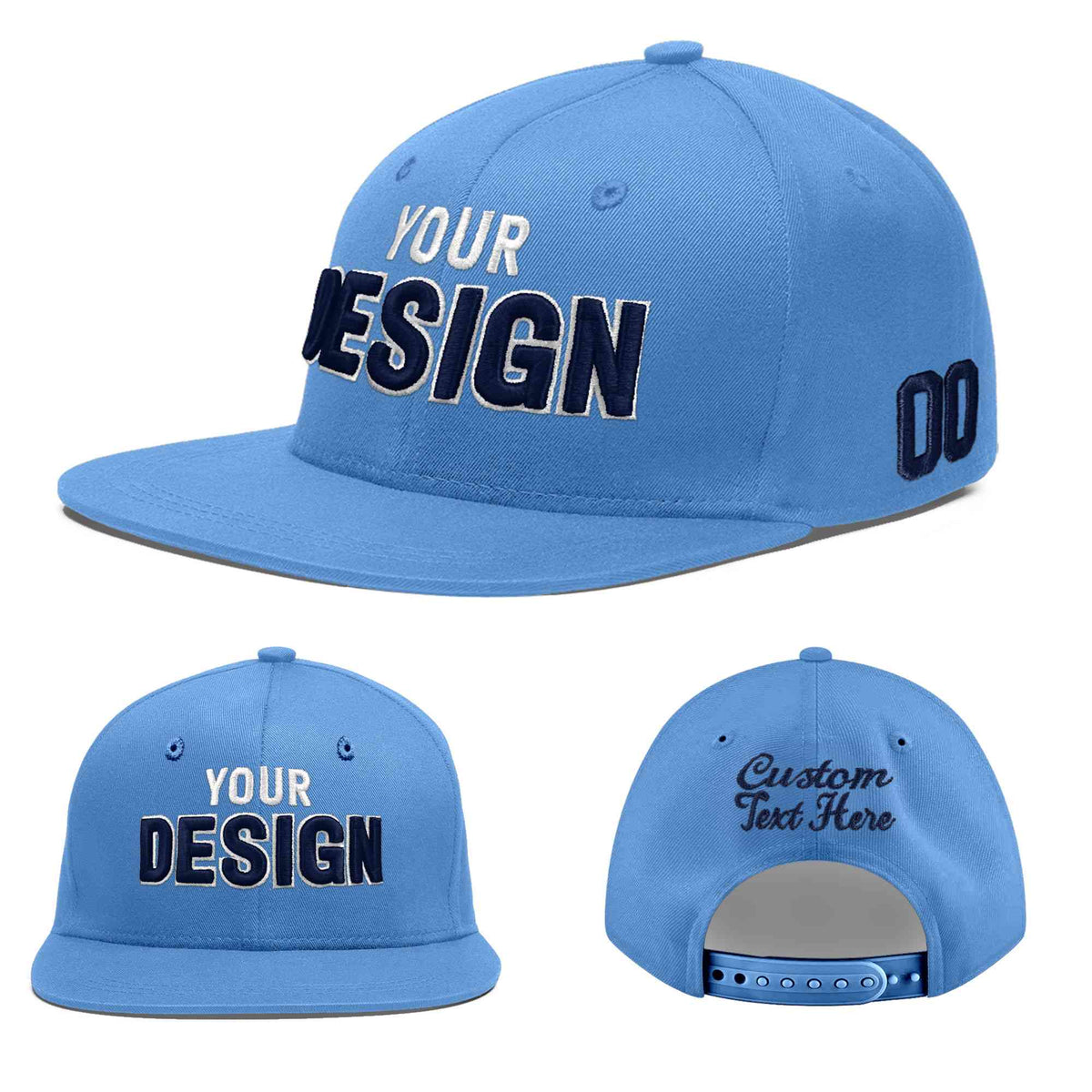 Custom Light Blue 3D Puff Embroidery Flat Embroidery Casual Sport Baseball Cap