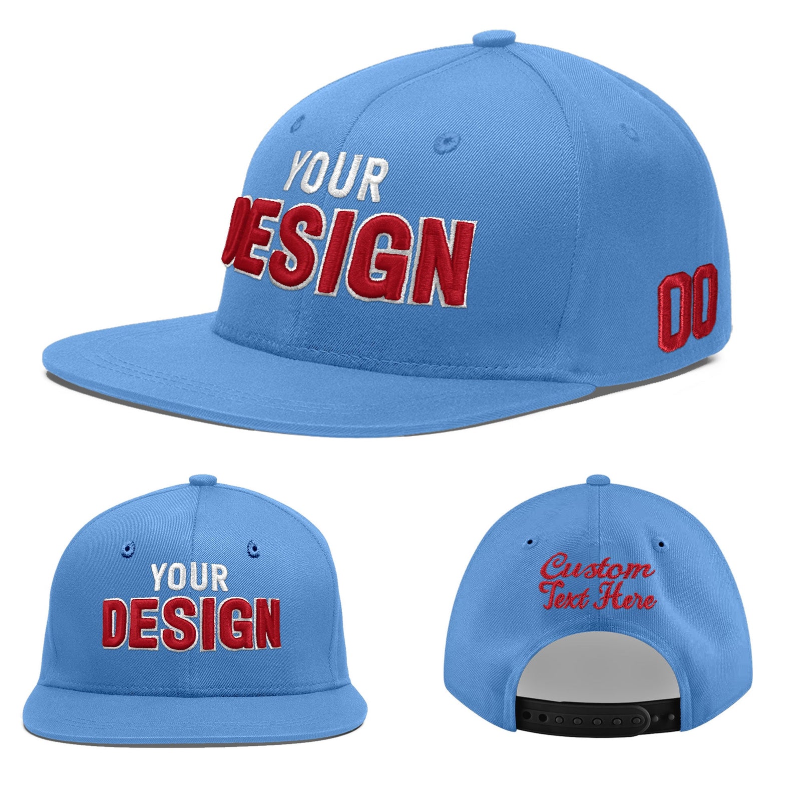 Custom Powder Blue 3D Puff Embroidery Flat Embroidery Casual Sport Baseball Cap