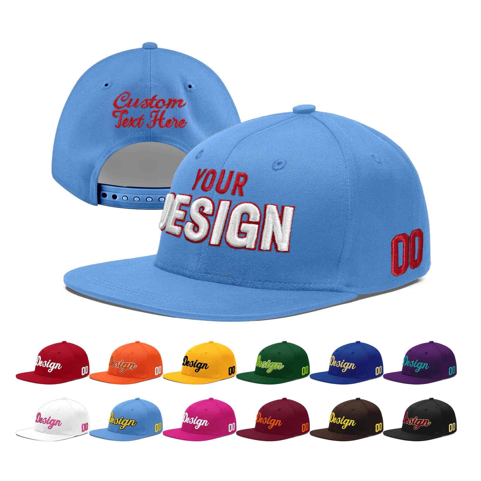 Custom Powder Blue 3D Puff Embroidery Flat Embroidery Casual Sport Baseball Cap