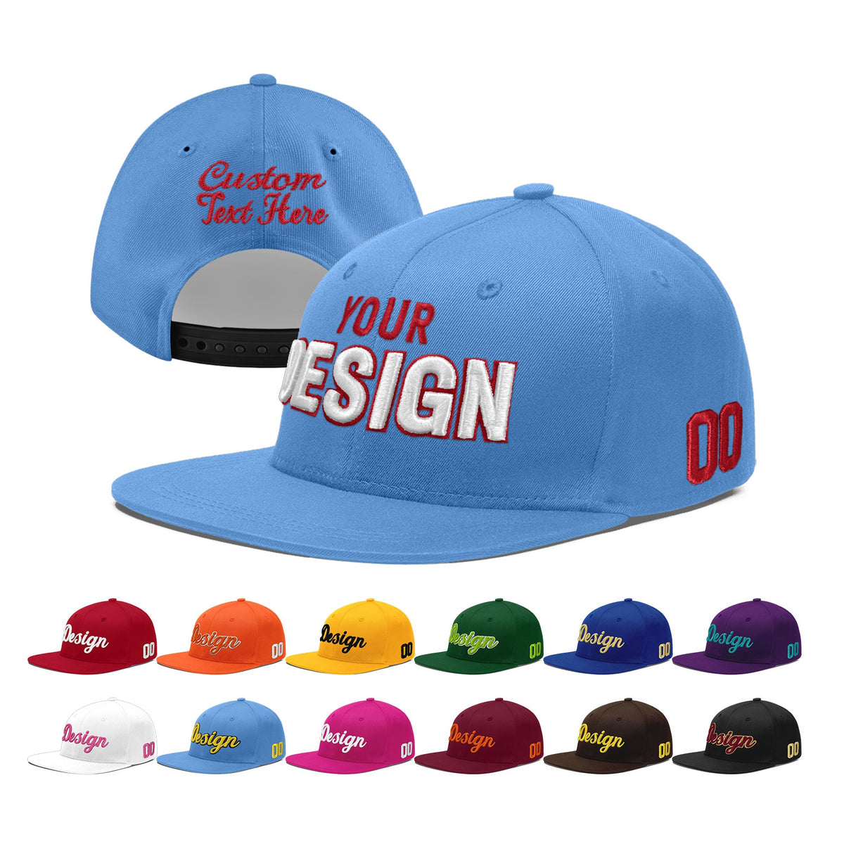 Custom Powder Blue 3D Puff Embroidery Flat Embroidery Casual Sport Baseball Cap