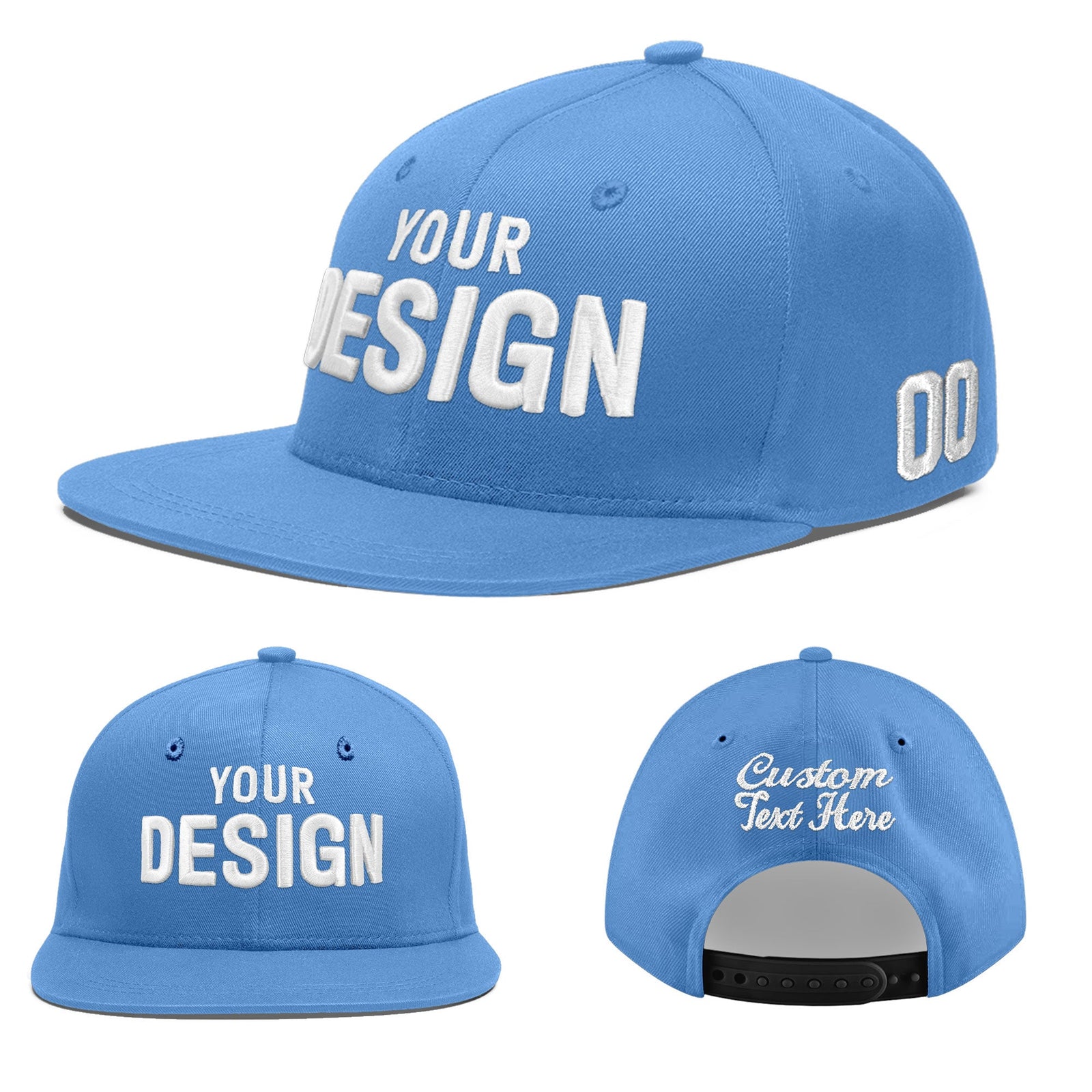 Custom Powder Blue 3D Puff Embroidery Flat Embroidery Casual Sport Baseball Cap
