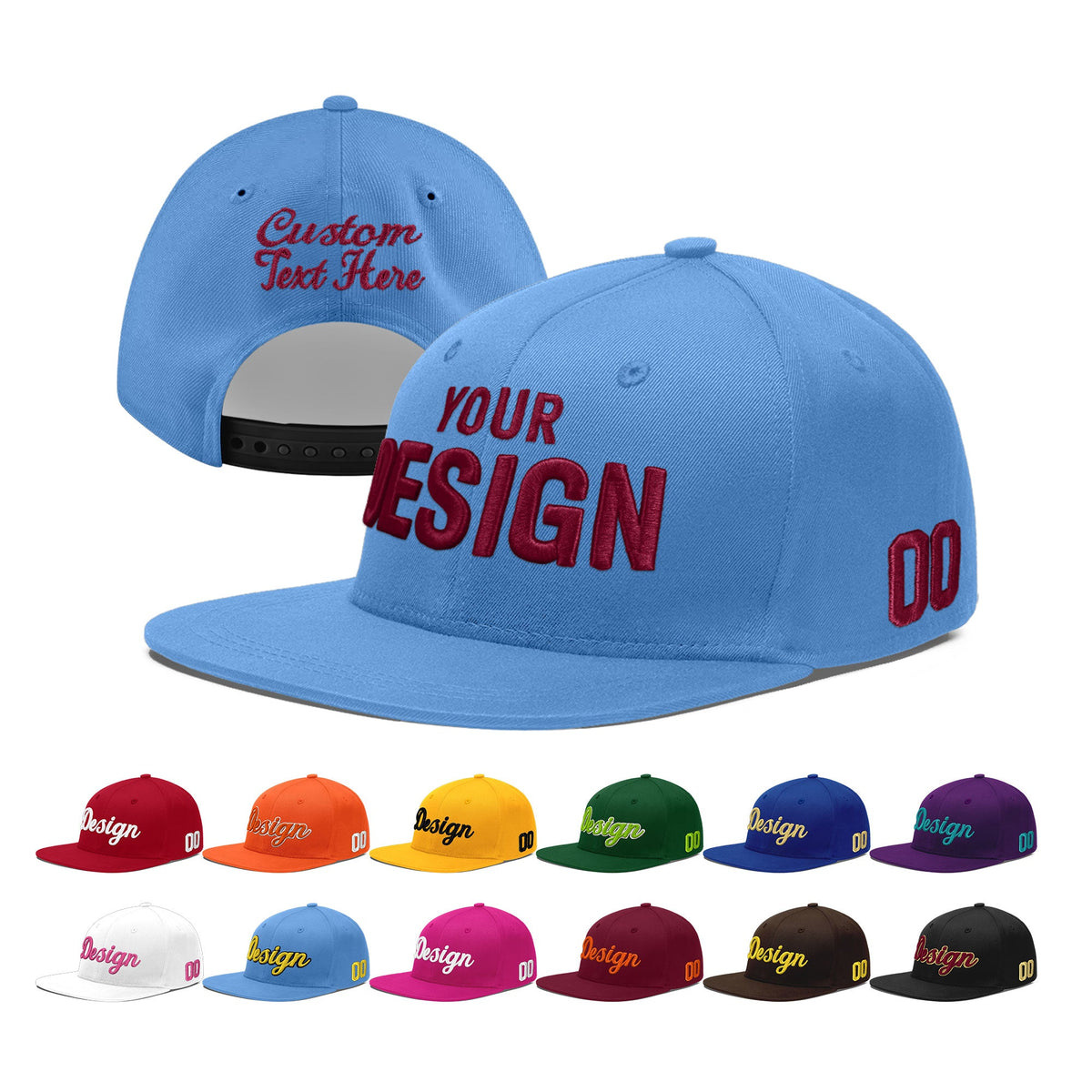 Custom Powder Blue 3D Puff Embroidery Flat Embroidery Casual Sport Baseball Cap