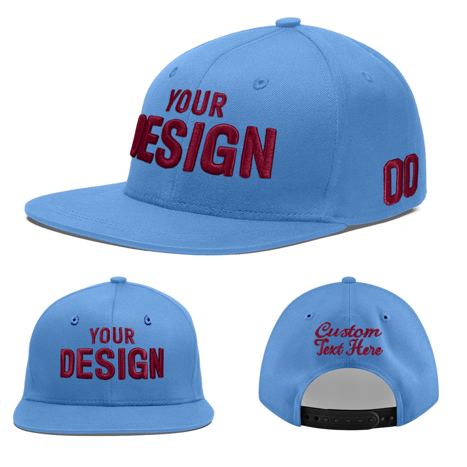 Custom Powder Blue 3D Puff Embroidery Flat Embroidery Casual Sport Baseball Cap
