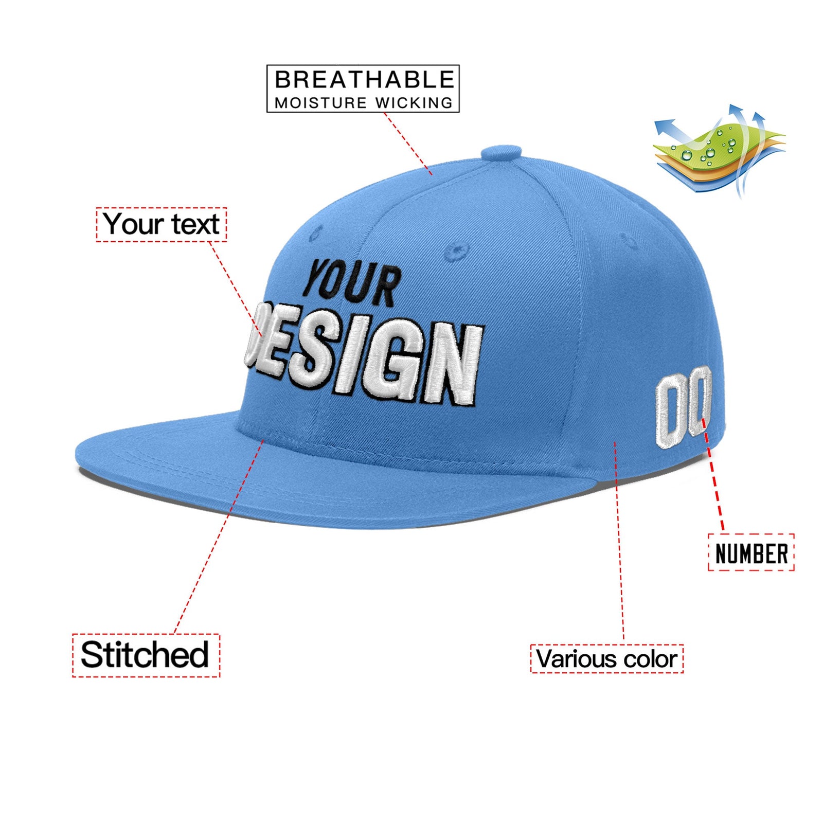 Custom Powder Blue 3D Puff Embroidery Flat Embroidery Casual Sport Baseball Cap
