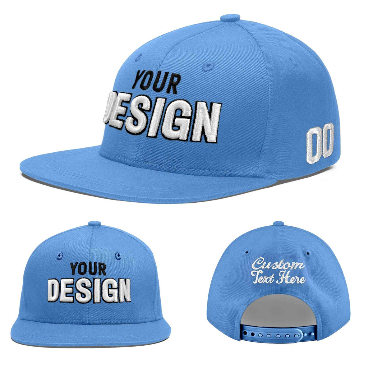 Custom Powder Blue 3D Puff Embroidery Flat Embroidery Casual Sport Baseball Cap