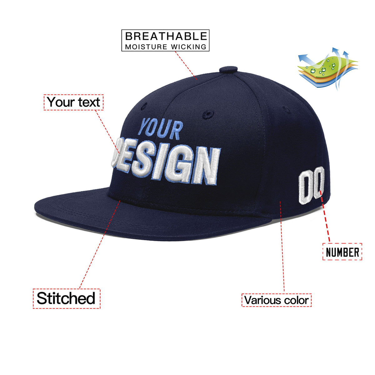 Custom Navy 3D Puff Embroidery Flat Embroidery Casual Sport Baseball Cap