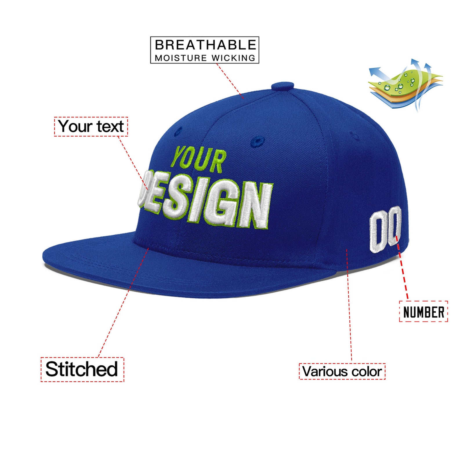 Custom Royal 3D Puff Embroidery Flat Embroidery Casual Sport Baseball Cap