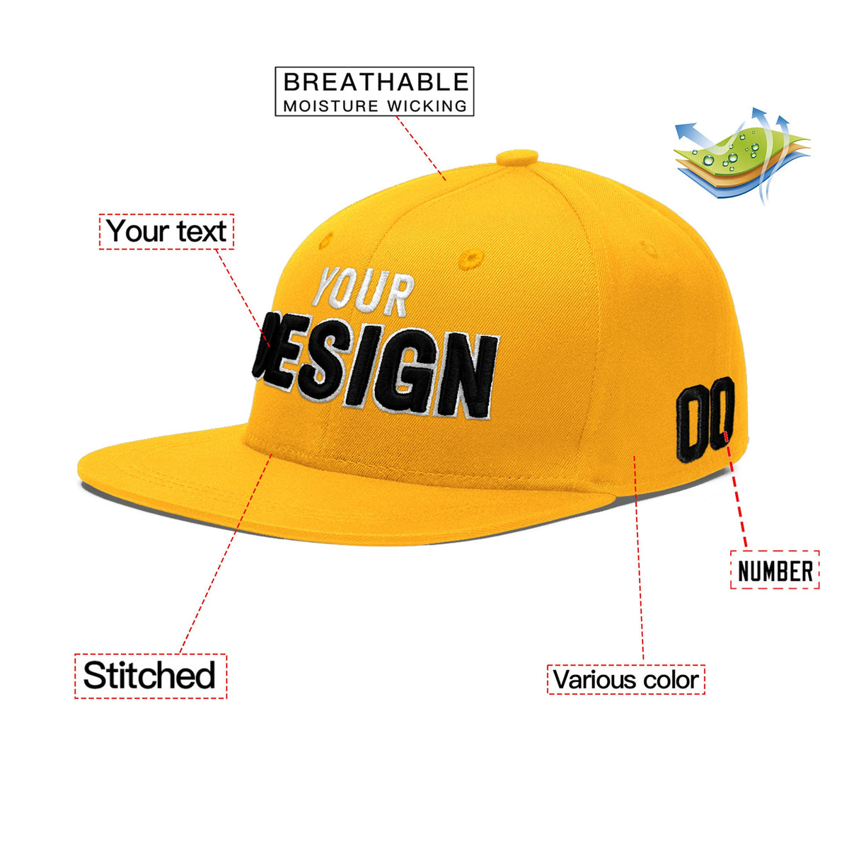 Custom Yellow 3D Puff Embroidery Flat Embroidery Casual Sport Baseball Cap