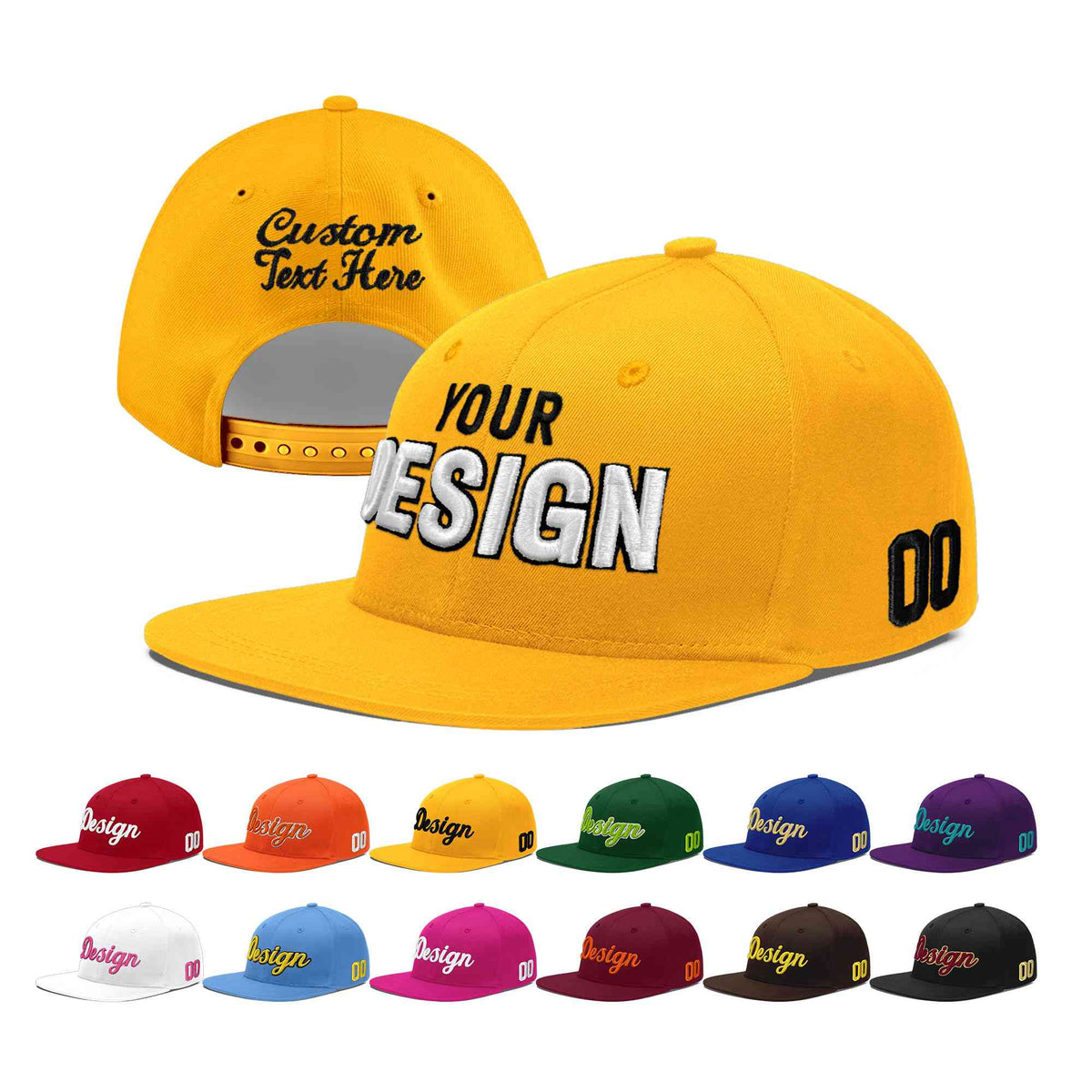 Custom Yellow 3D Puff Embroidery Flat Embroidery Casual Sport Baseball Cap