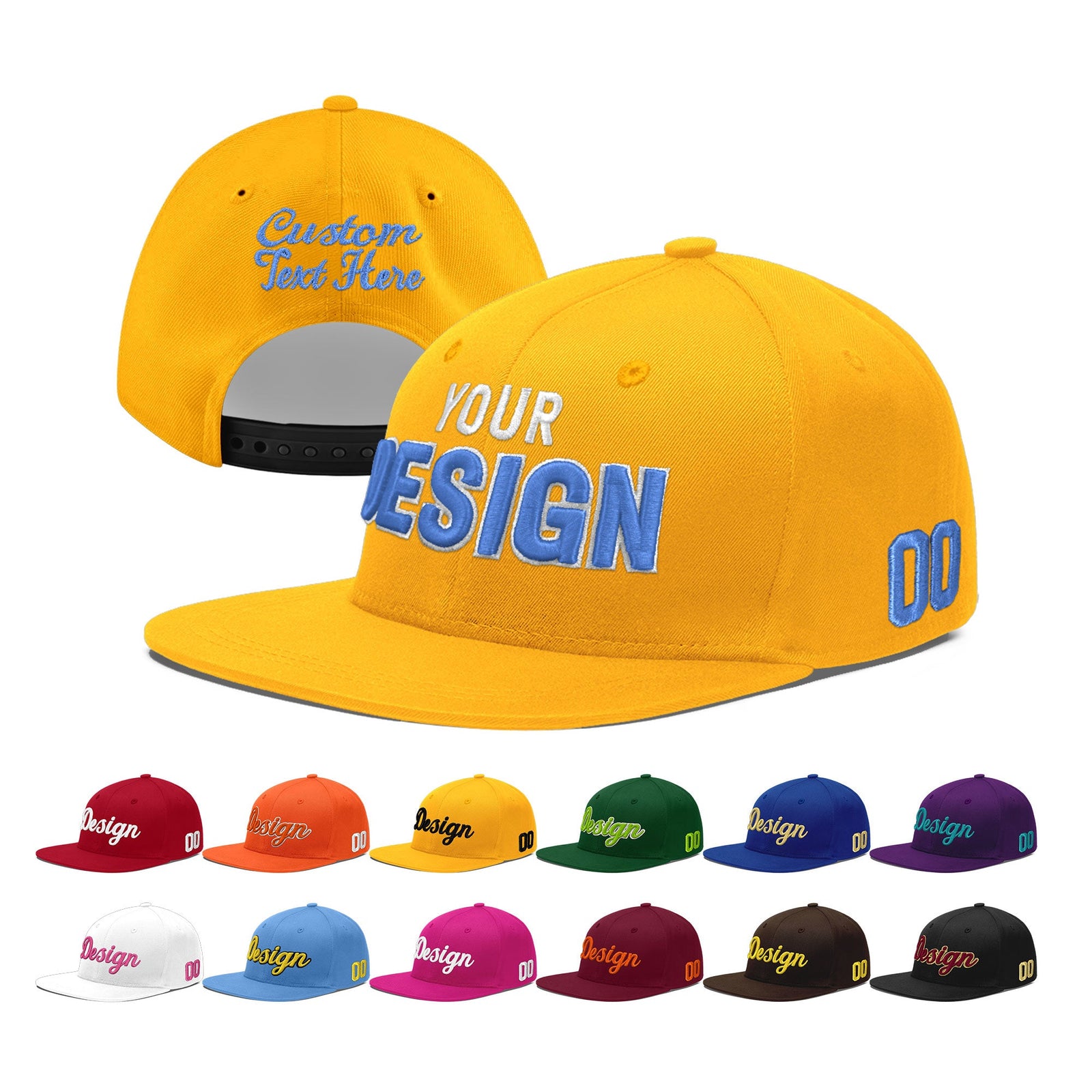 Custom Yellow 3D Puff Embroidery Flat Embroidery Casual Sport Baseball Cap