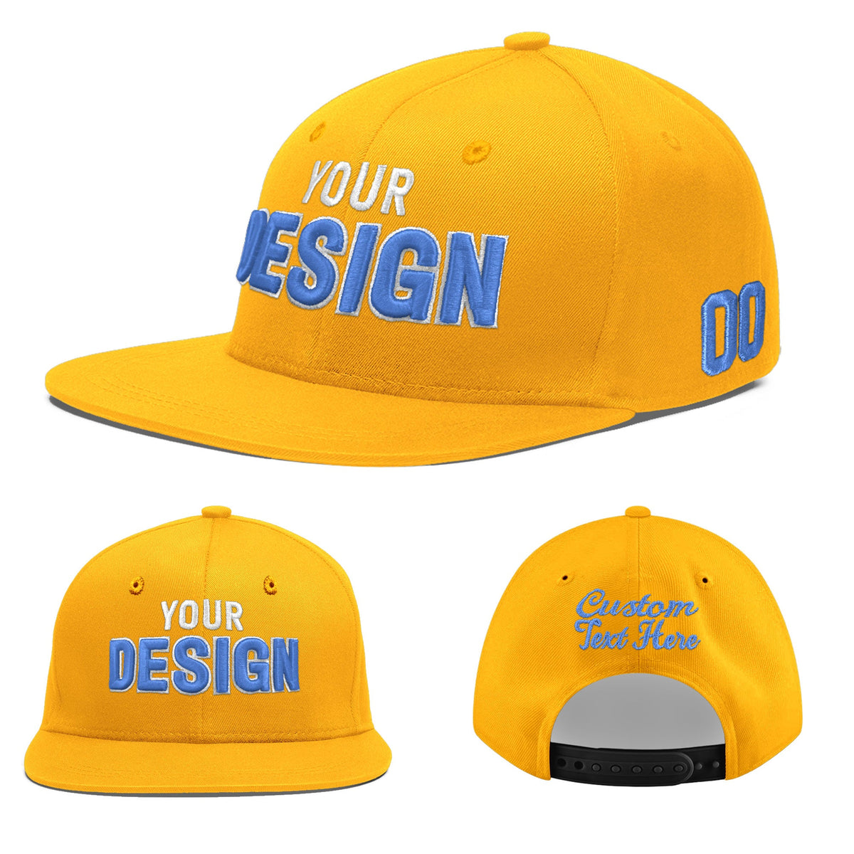 Custom Yellow 3D Puff Embroidery Flat Embroidery Casual Sport Baseball Cap
