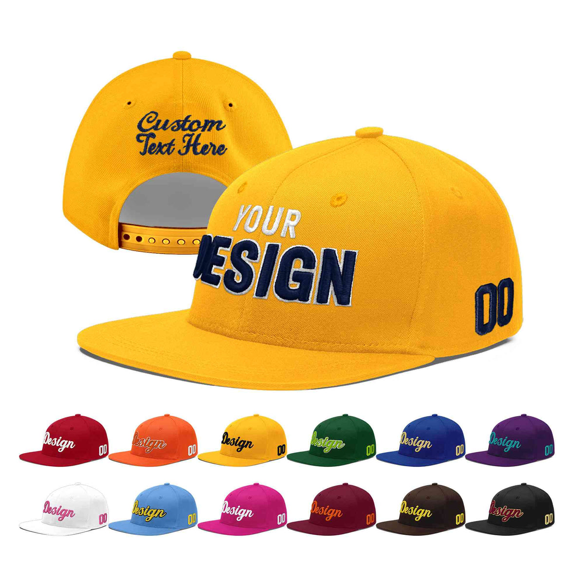 Custom Yellow 3D Puff Embroidery Flat Embroidery Casual Sport Baseball Cap