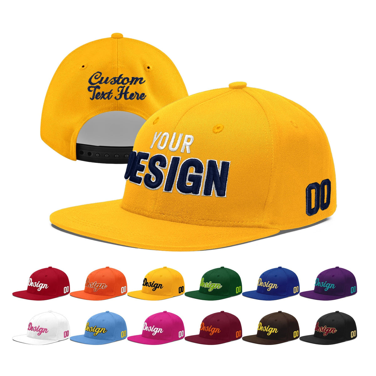 Custom Yellow 3D Puff Embroidery Flat Embroidery Casual Sport Baseball Cap