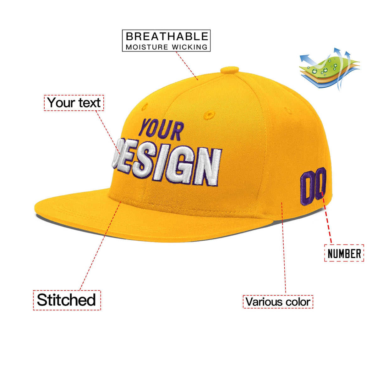 Custom Yellow 3D Puff Embroidery Flat Embroidery Casual Sport Baseball Cap
