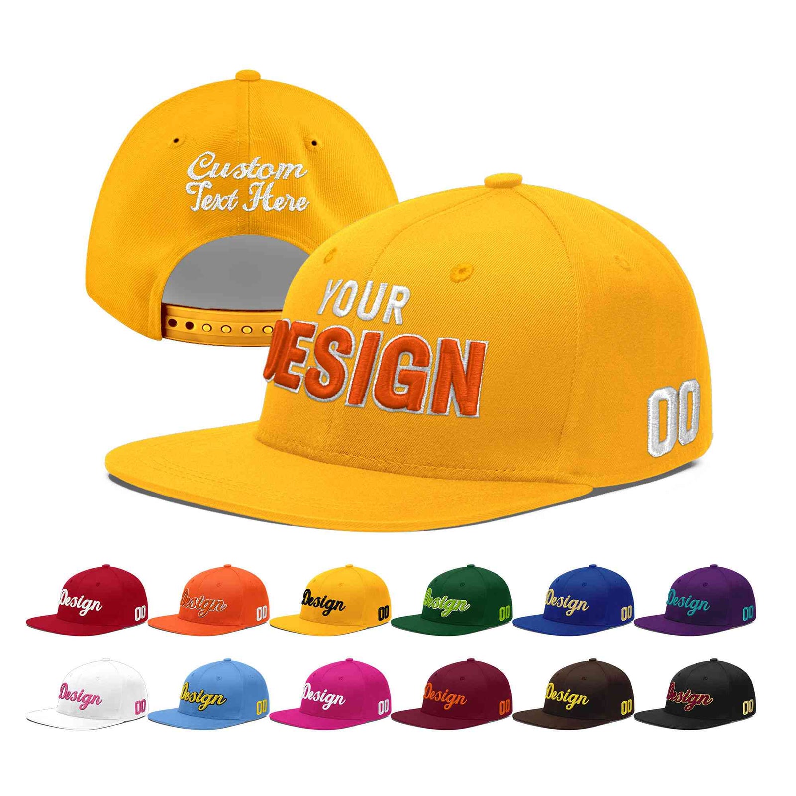 Custom Yellow 3D Puff Embroidery Flat Embroidery Casual Sport Baseball Cap