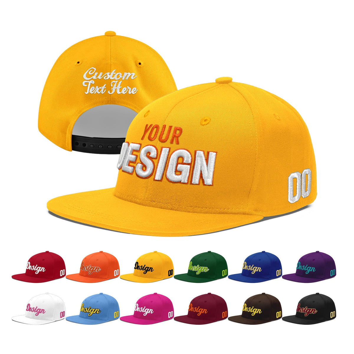 Custom Yellow 3D Puff Embroidery Flat Embroidery Casual Sport Baseball Cap