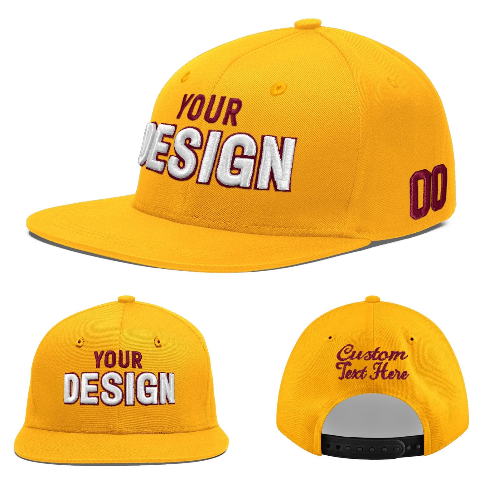 Custom Yellow 3D Puff Embroidery Flat Embroidery Casual Sport Baseball Cap
