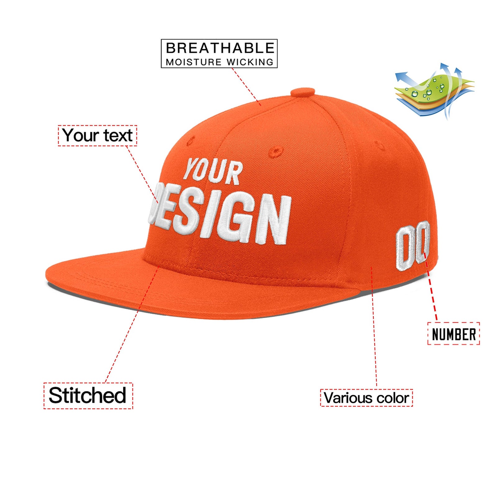 Custom Orange 3D Puff Embroidery Flat Embroidery Casual Sport Baseball Cap