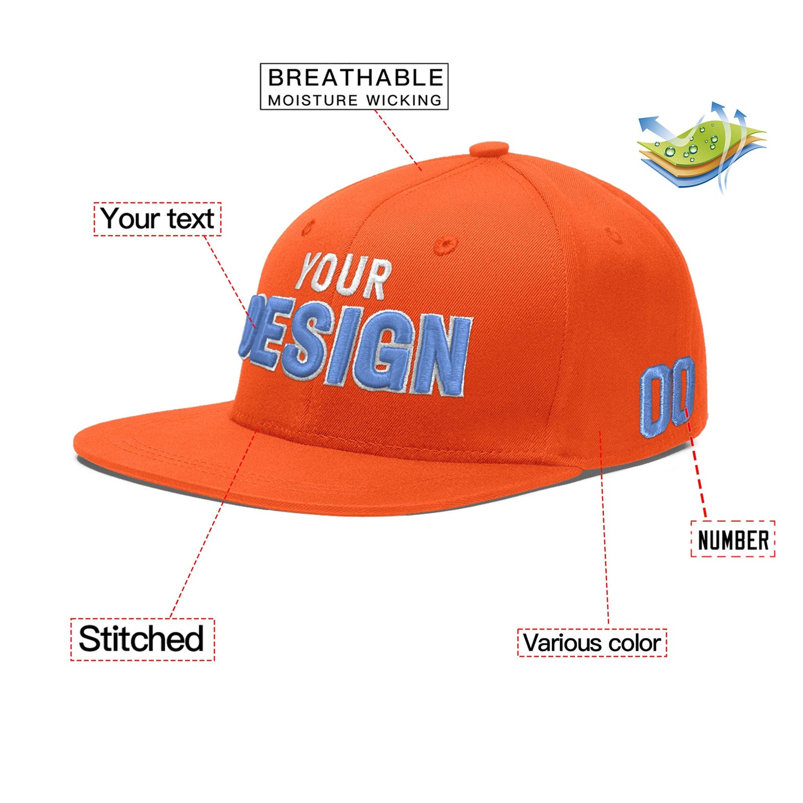 Custom Orange 3D Puff Embroidery Flat Embroidery Casual Sport Baseball Cap