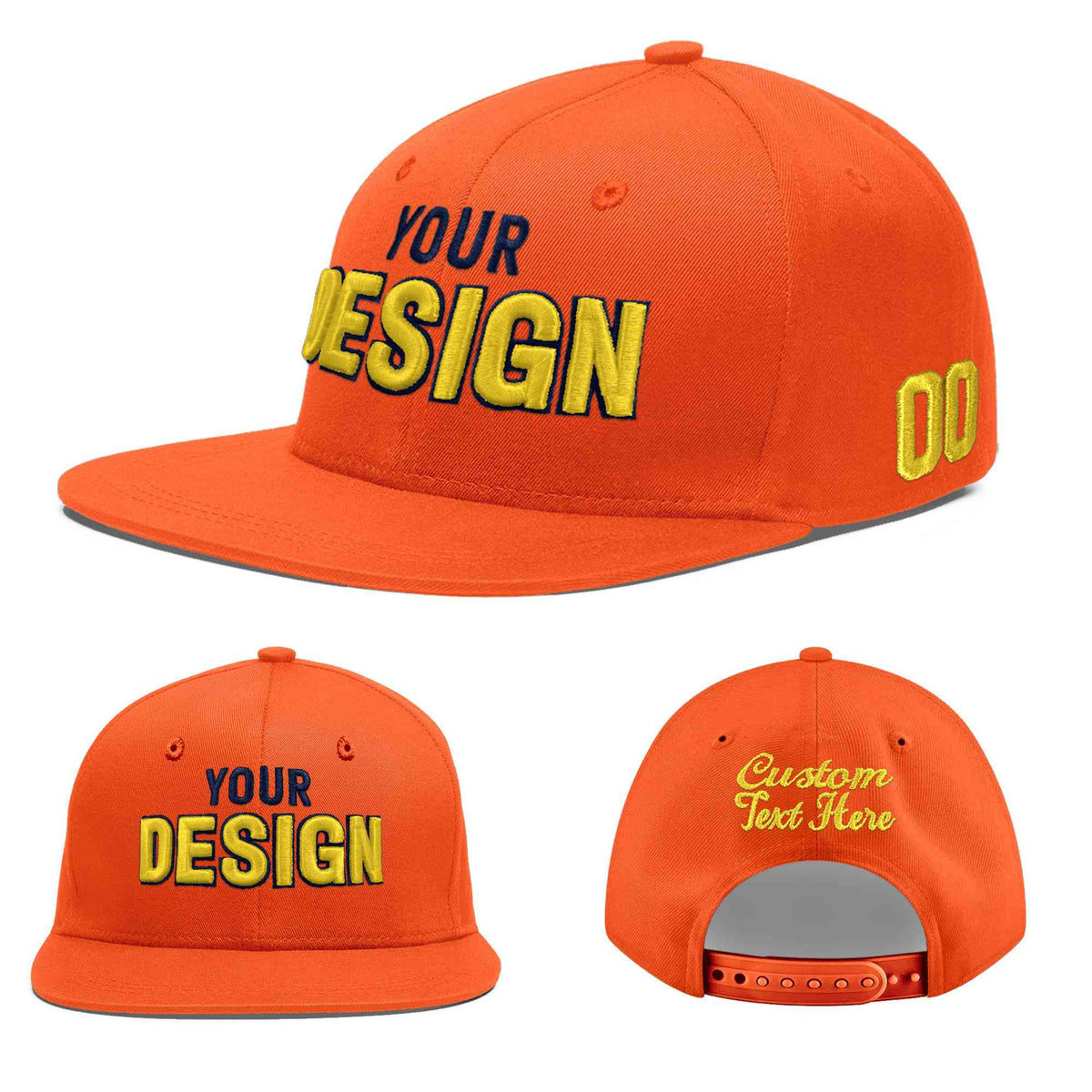 Custom Orange 3D Puff Embroidery Flat Embroidery Casual Sport Baseball Cap