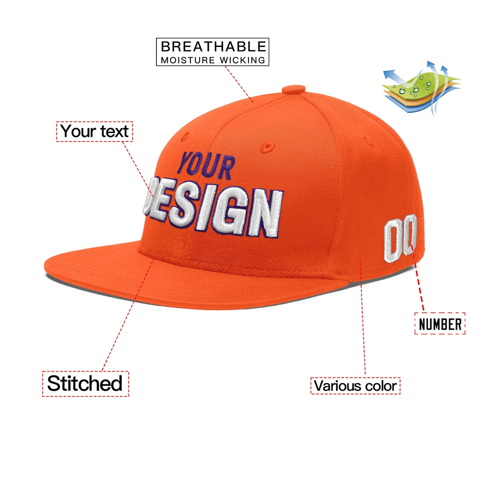 Custom Orange 3D Puff Embroidery Flat Embroidery Casual Sport Baseball Cap
